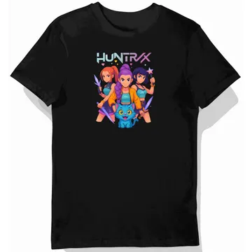 Koszulka dziecięca czarna – Street Anime – huntrix, trzy postacie, kot