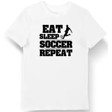 Koszulka męska dla piłkarza z napisem "Eat, sleep, soccer, repeat" biała