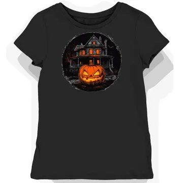 Koszulka damska czarna z nadrukiem dyni i nawiedzonego domu halloween