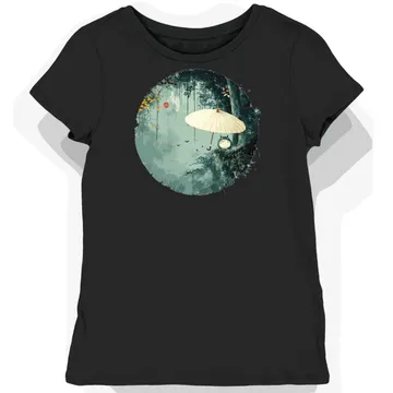 Koszulka damska czarna z motywem Totoro i liściem