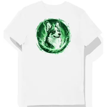 Koszulka męska biała z motywem zielonego psa Corgi