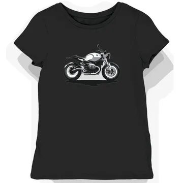 Koszulka damska czarna z motywem motocykla BMW na placu