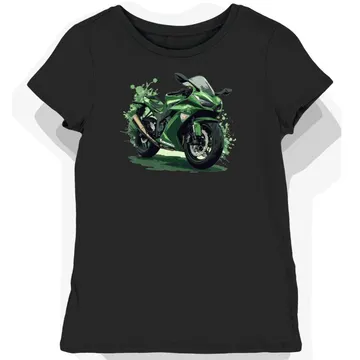 Koszulka damska czarna z dynamicznym motywem motocykla Kawasaki