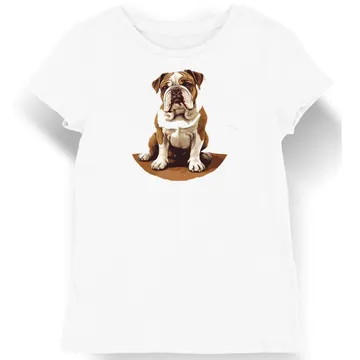 Koszulka damska biała z grafiką buldoga angielskiego brązowo-białego