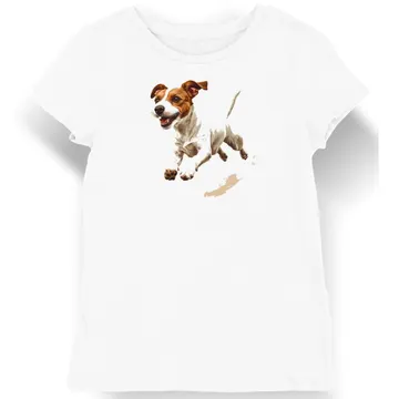 Koszulka damska biała z nadrukiem skaczącego Jack Russell Teriera