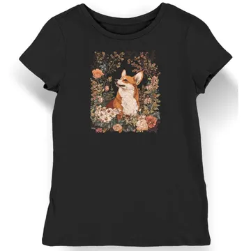 Koszulka damska vintage corgi w kwiatach czarna