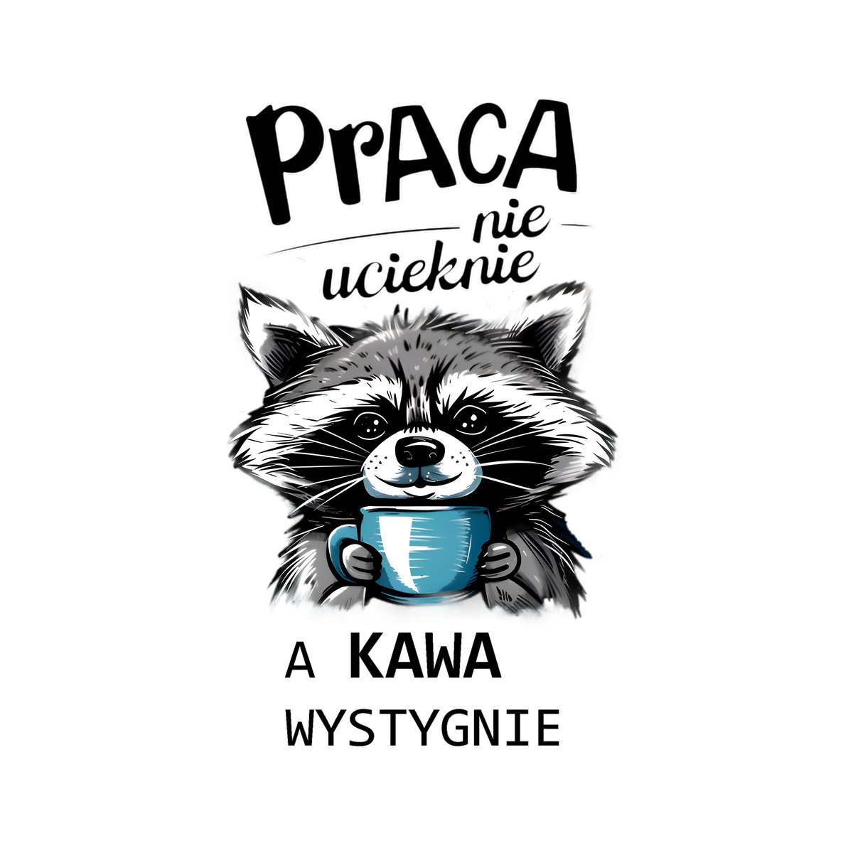 Koszulka damska praca nie ucieknie a kawa wystygnie z szopem biała, zdjęcie 2