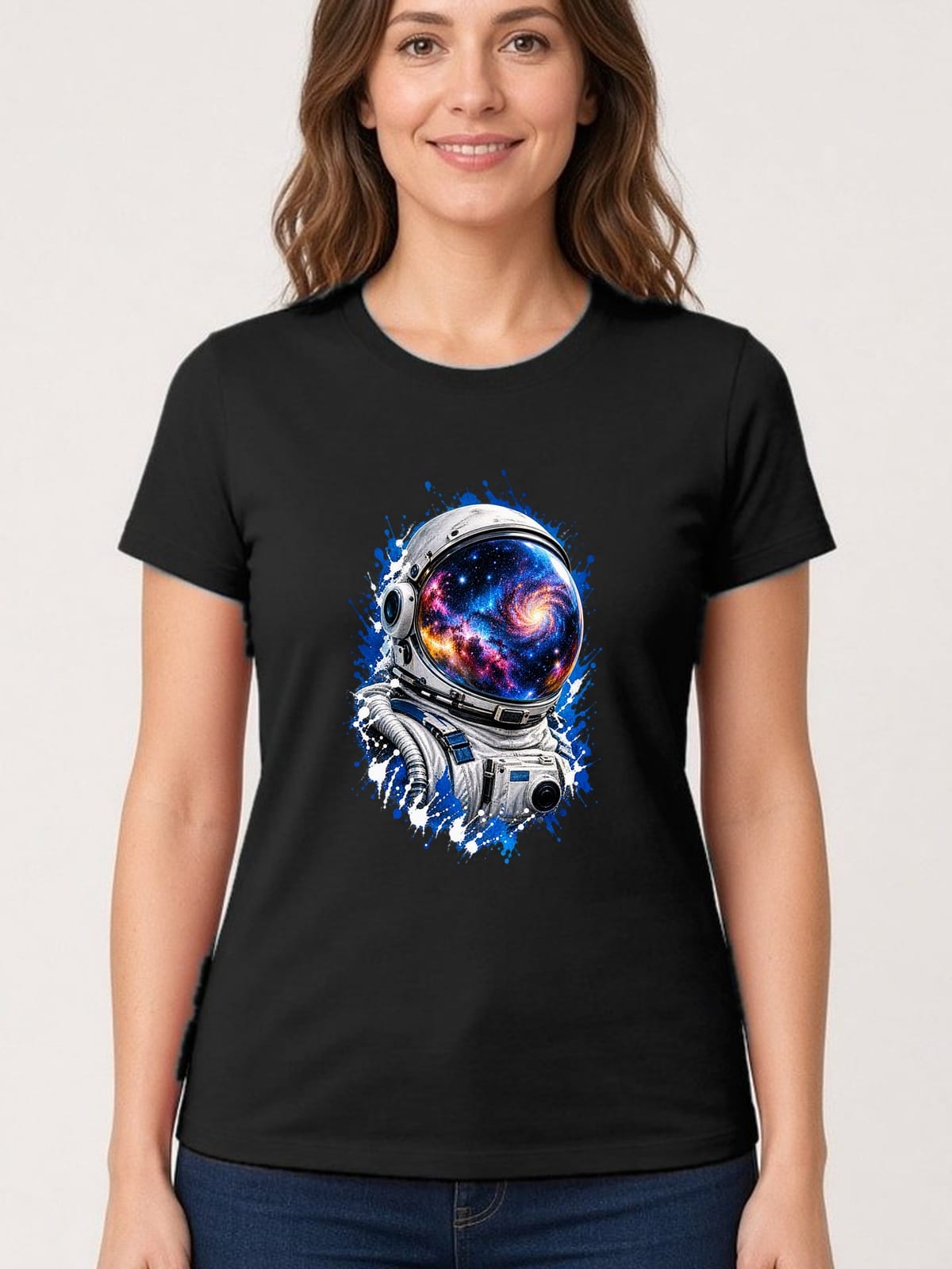 Koszulka damska czarna z hełmem astronauty kosmos galaktyka prezent, zdjęcie 1