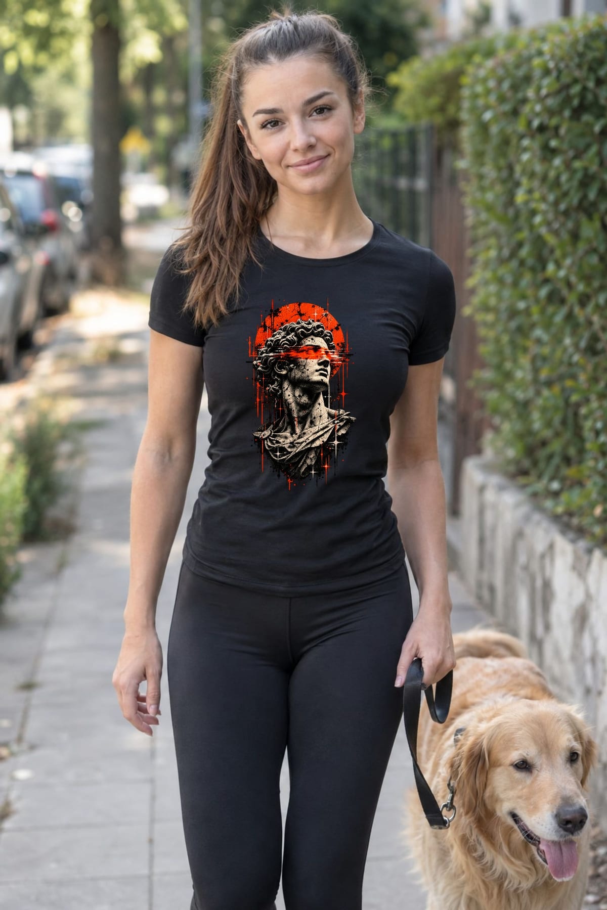 Koszulka damska czarna rzymska rzeźba z czerwonym słońcem mroczna, zdjęcie 4