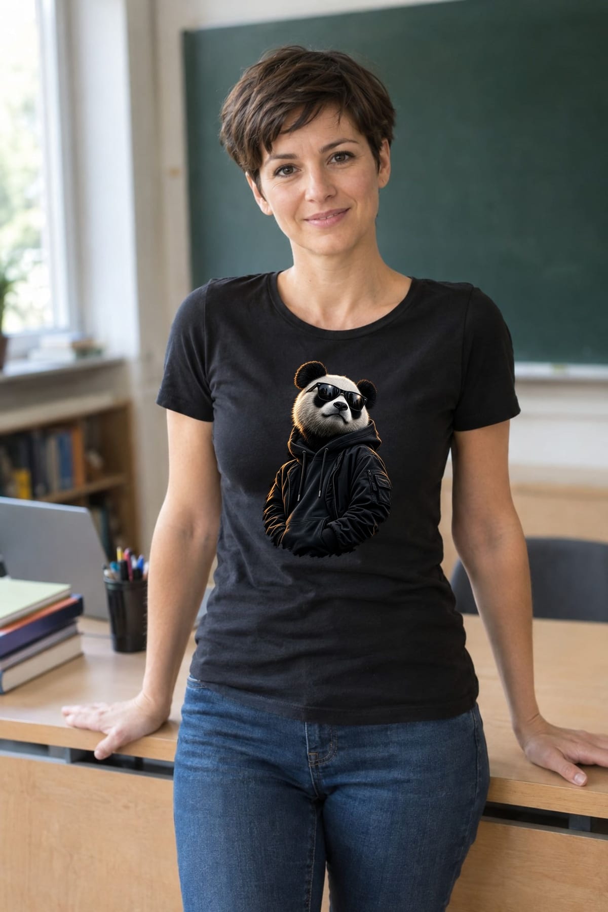 Koszulka damska czarna z pandą w okularach dla niej streetwear śmieszna, zdjęcie 4