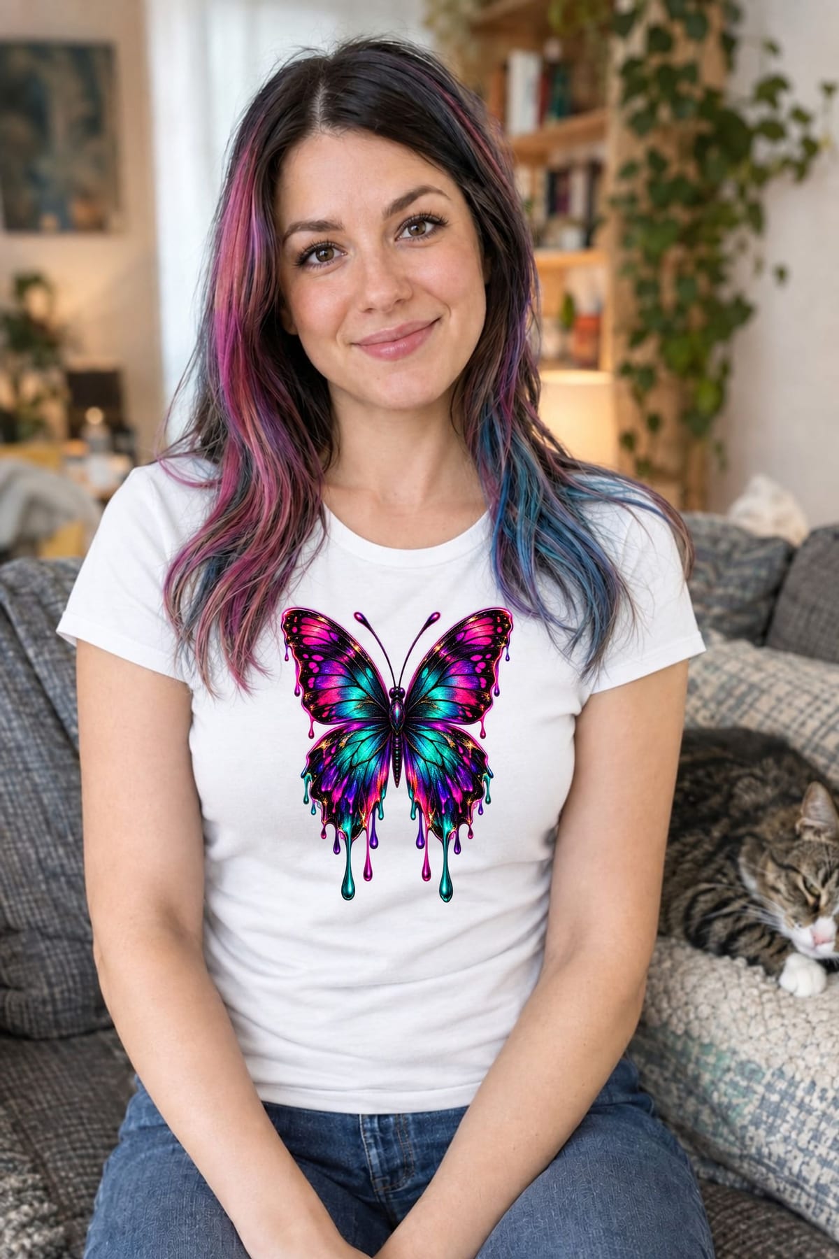 Koszulka damska biała z motylem neonowym dla niej kolorowa, zdjęcie 3