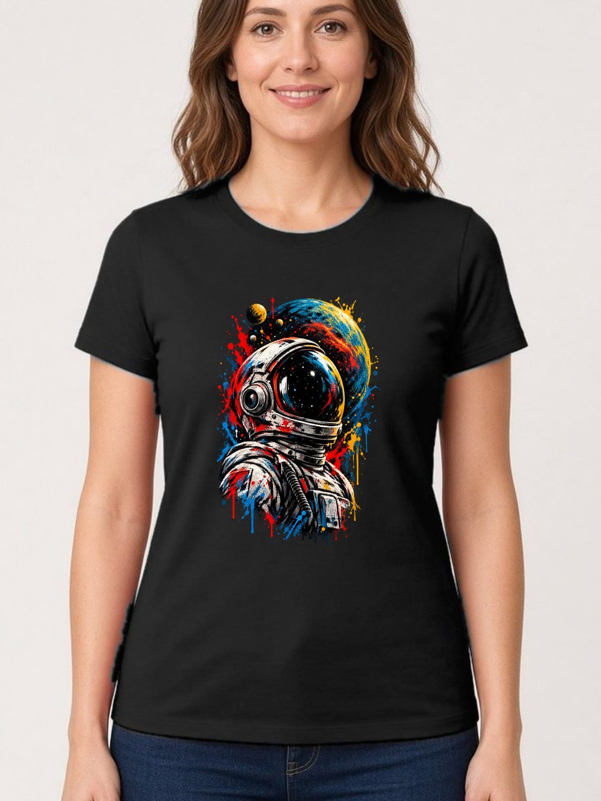 Koszulka damska czarna z astronautą dla niej kosmos planeta street art, zdjęcie 1
