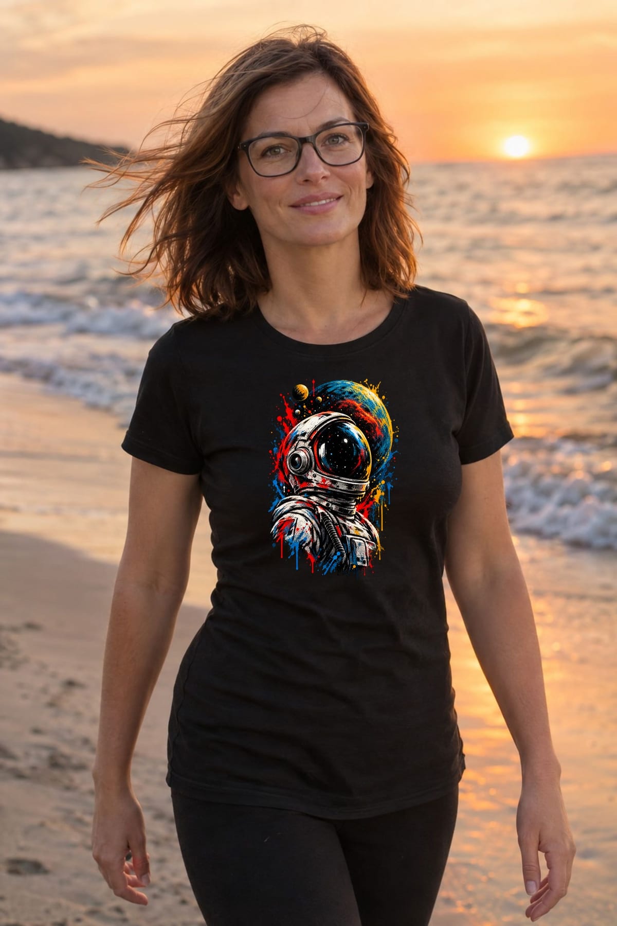 Koszulka damska czarna z astronautą dla niej kosmos planeta street art, zdjęcie 8