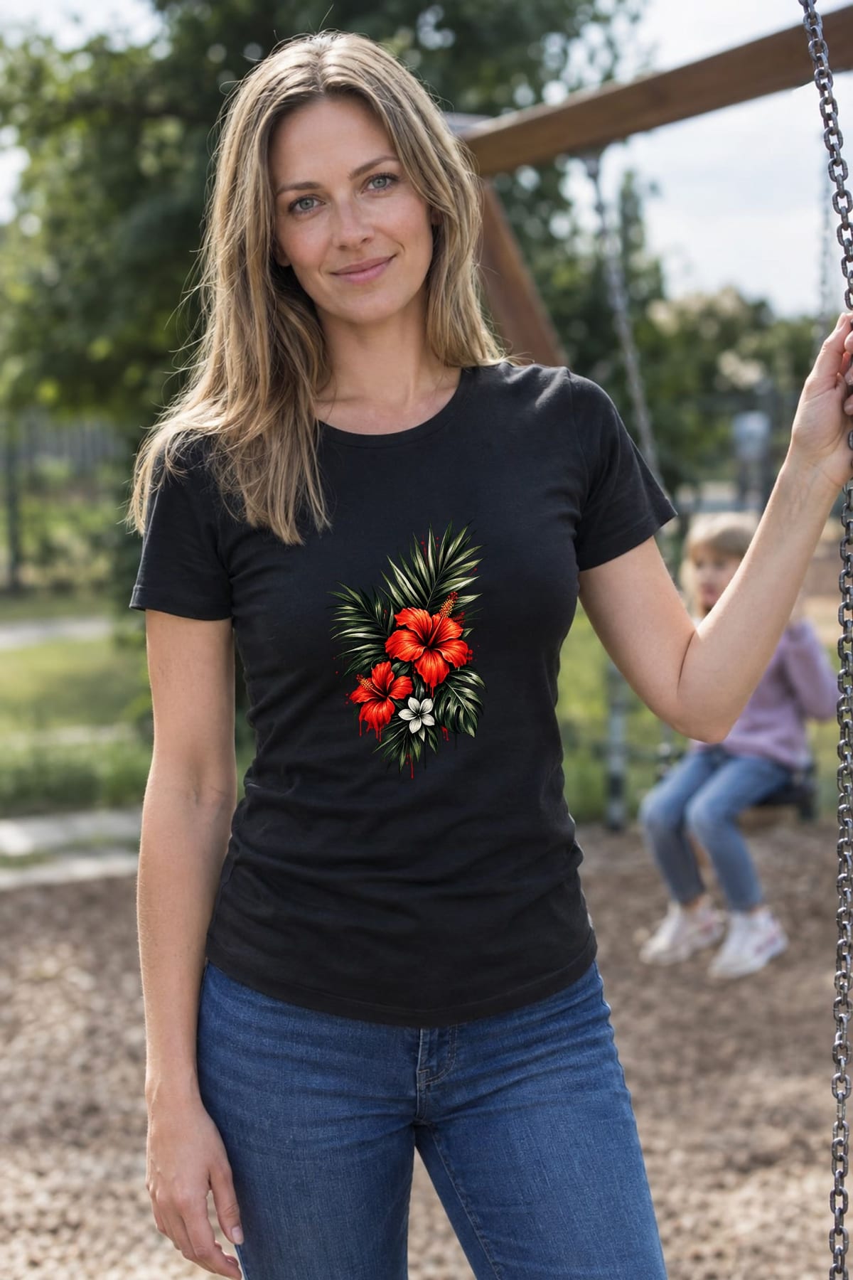 Koszulka damska czarna z hibiskusem kwiaty tropikalne dla niej prezent, zdjęcie 3