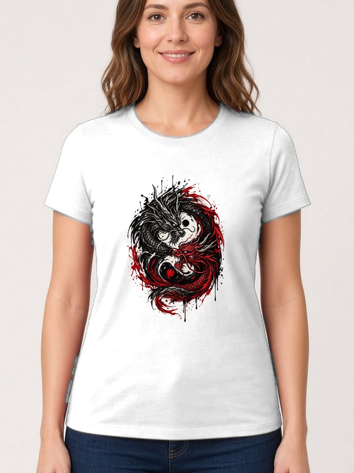 Koszulka damska biała ze smokami yin yang mroczna mitologia prezent, zdjęcie 1