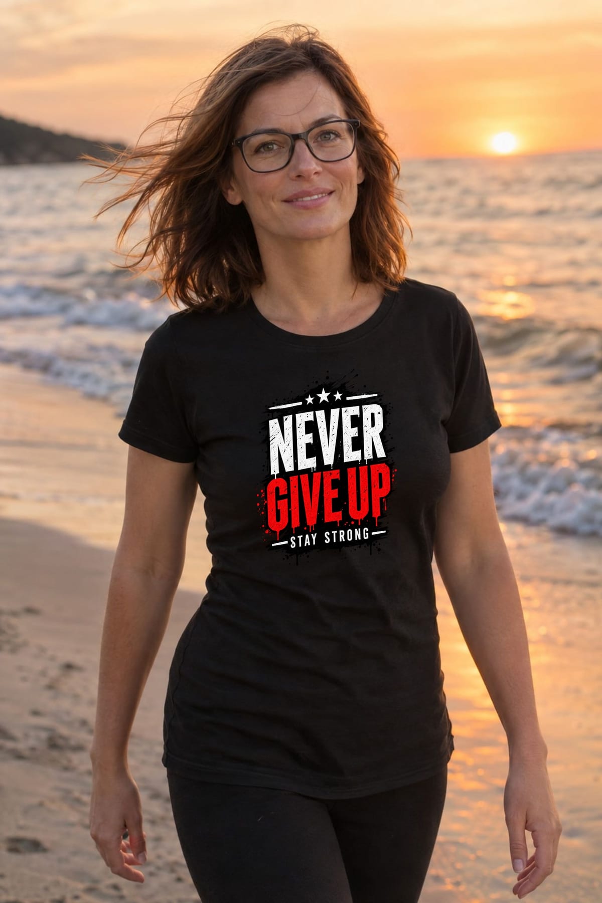 Koszulka damska czarna z napisem never give up motywacyjna prezent, zdjęcie 7