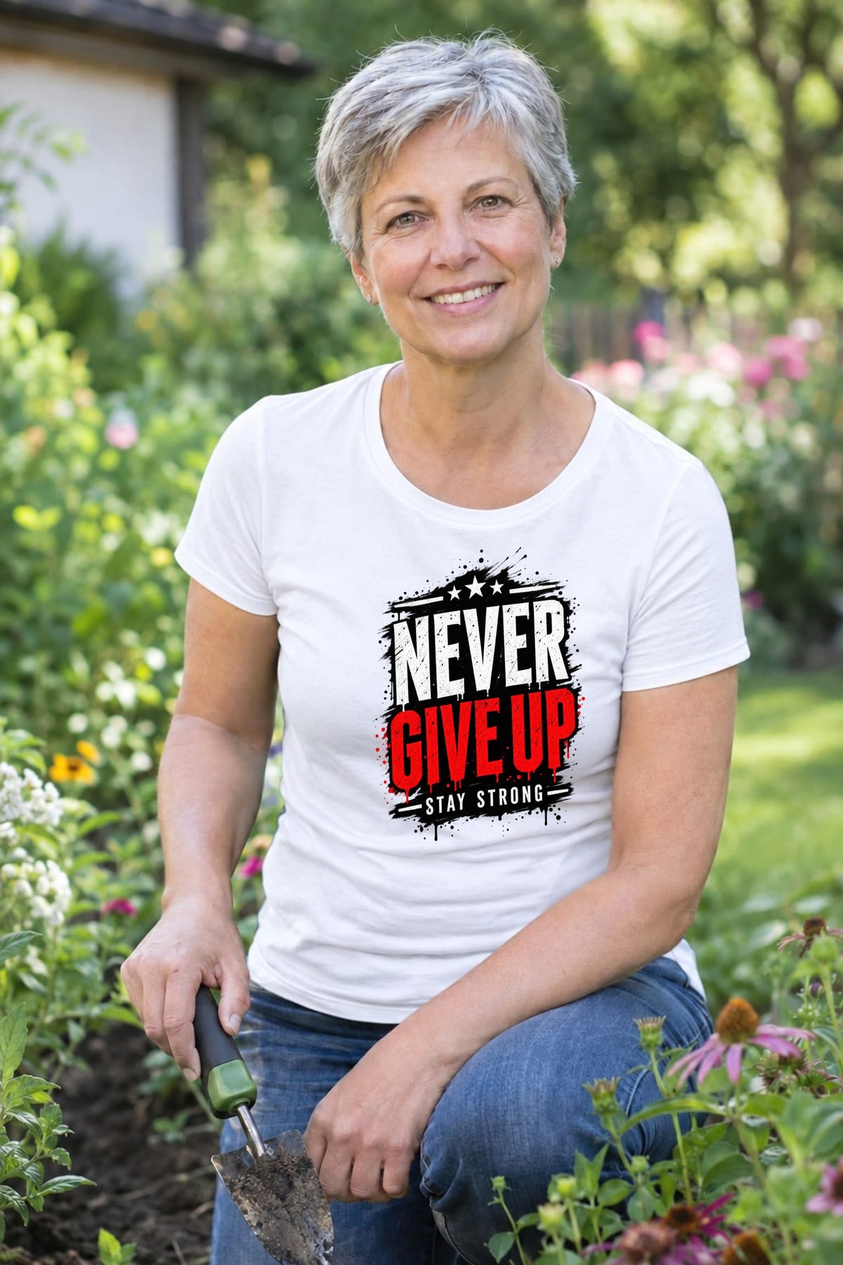 Koszulka damska biała z napisem never give up motywacyjna prezent, zdjęcie 3