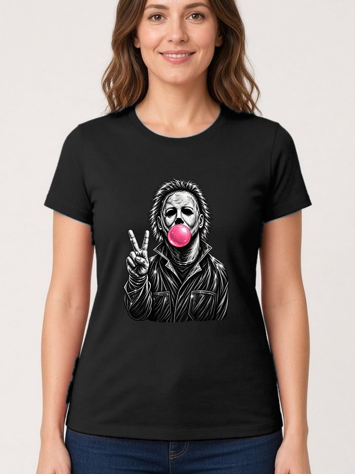 Koszulka damska czarna Halloween Michael Myers z gumą balonową, zdjęcie 1