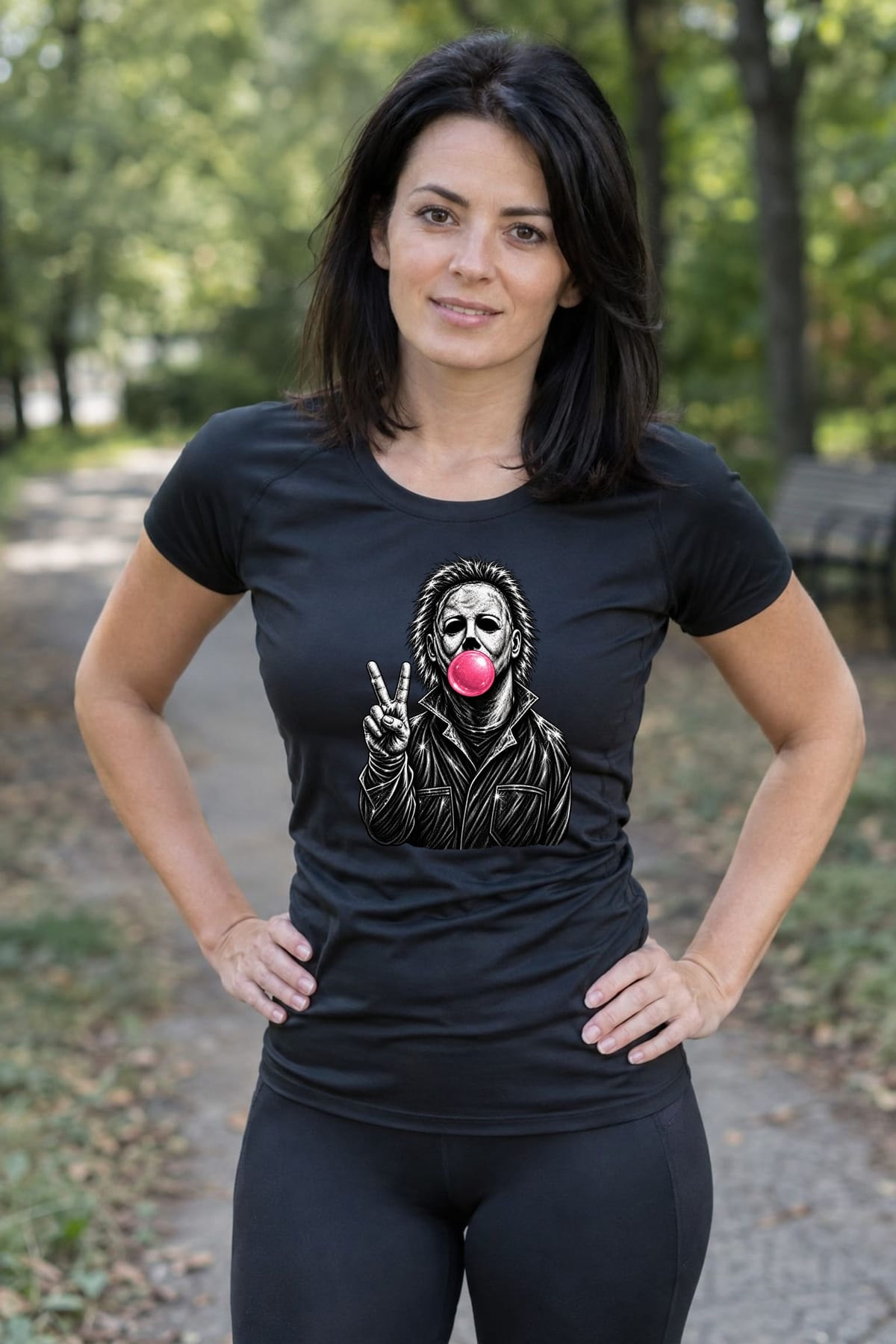 Koszulka damska czarna Halloween Michael Myers z gumą balonową, zdjęcie 5
