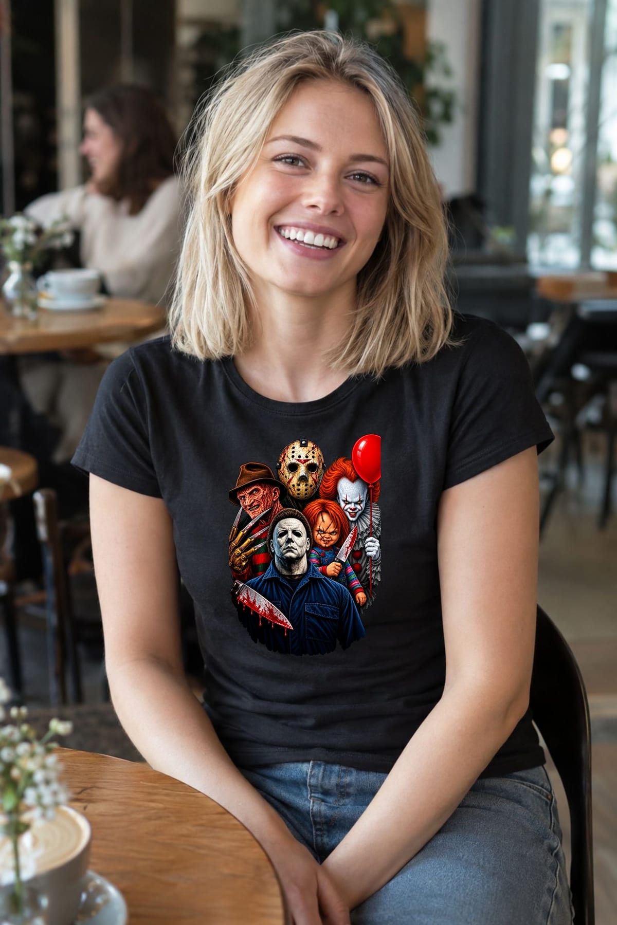 Koszulka damska czarna ikony horroru Freddy Chucky Myers prezent, zdjęcie 3