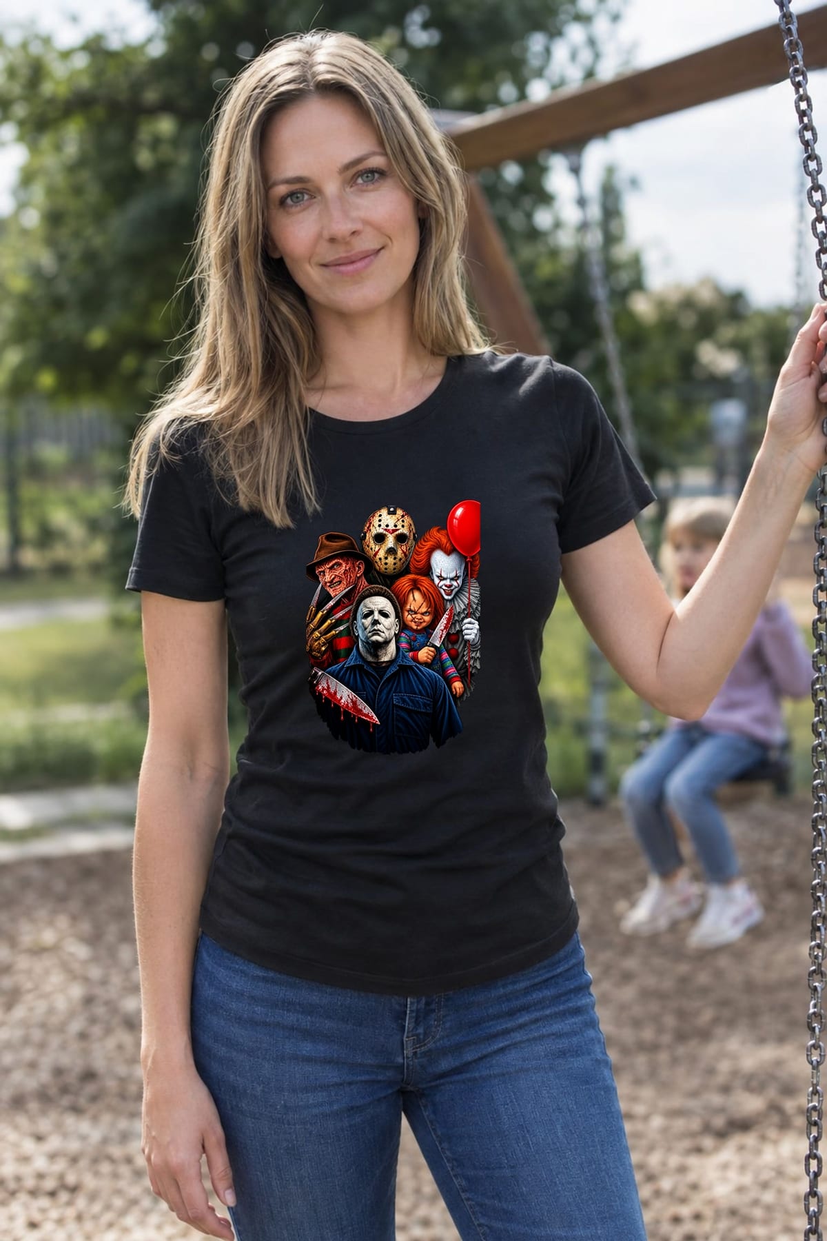 Koszulka damska czarna ikony horroru Freddy Chucky Myers prezent, zdjęcie 6