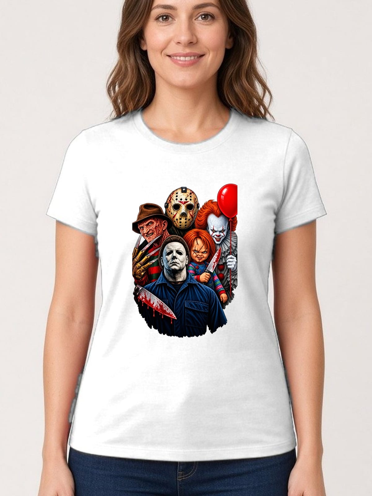 Koszulka damska biała ikony horroru Chucky Jason Pennywise prezent, zdjęcie 1