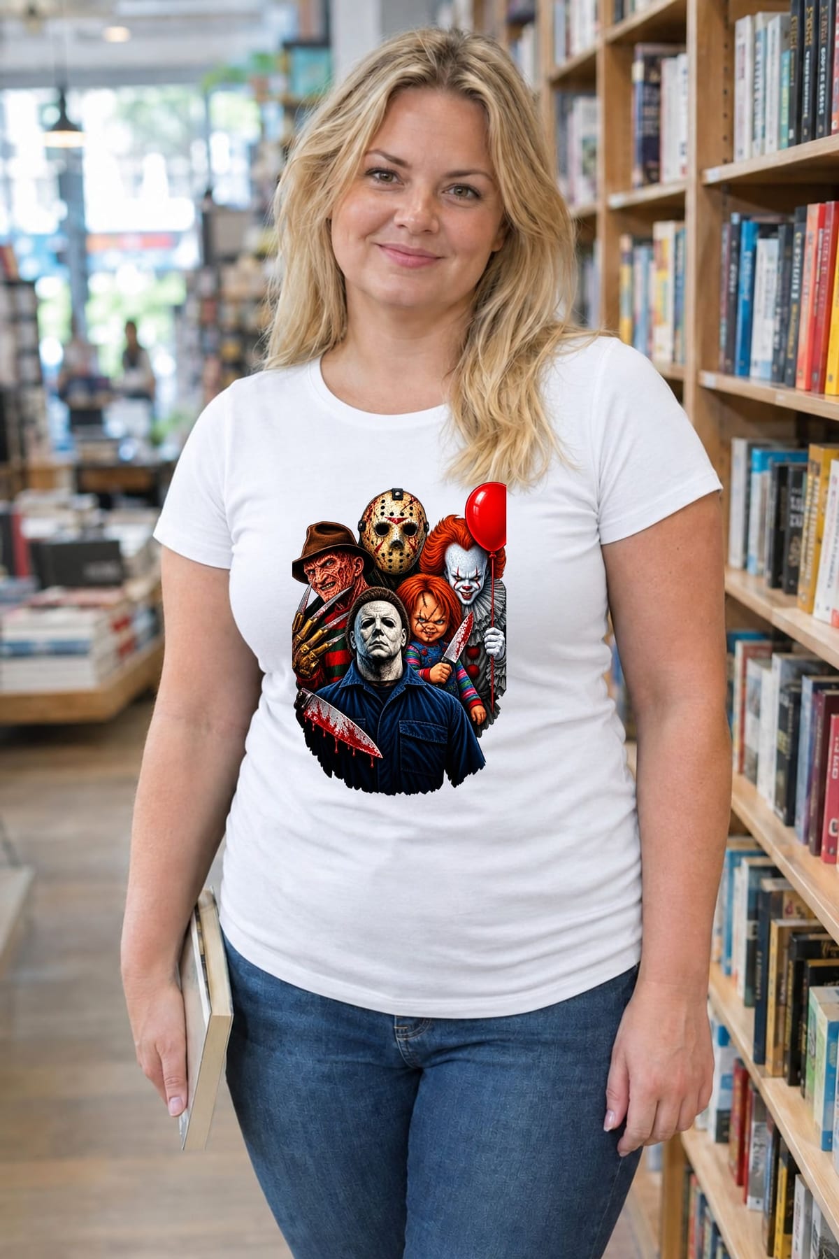 Koszulka damska biała ikony horroru Chucky Jason Pennywise prezent, zdjęcie 3