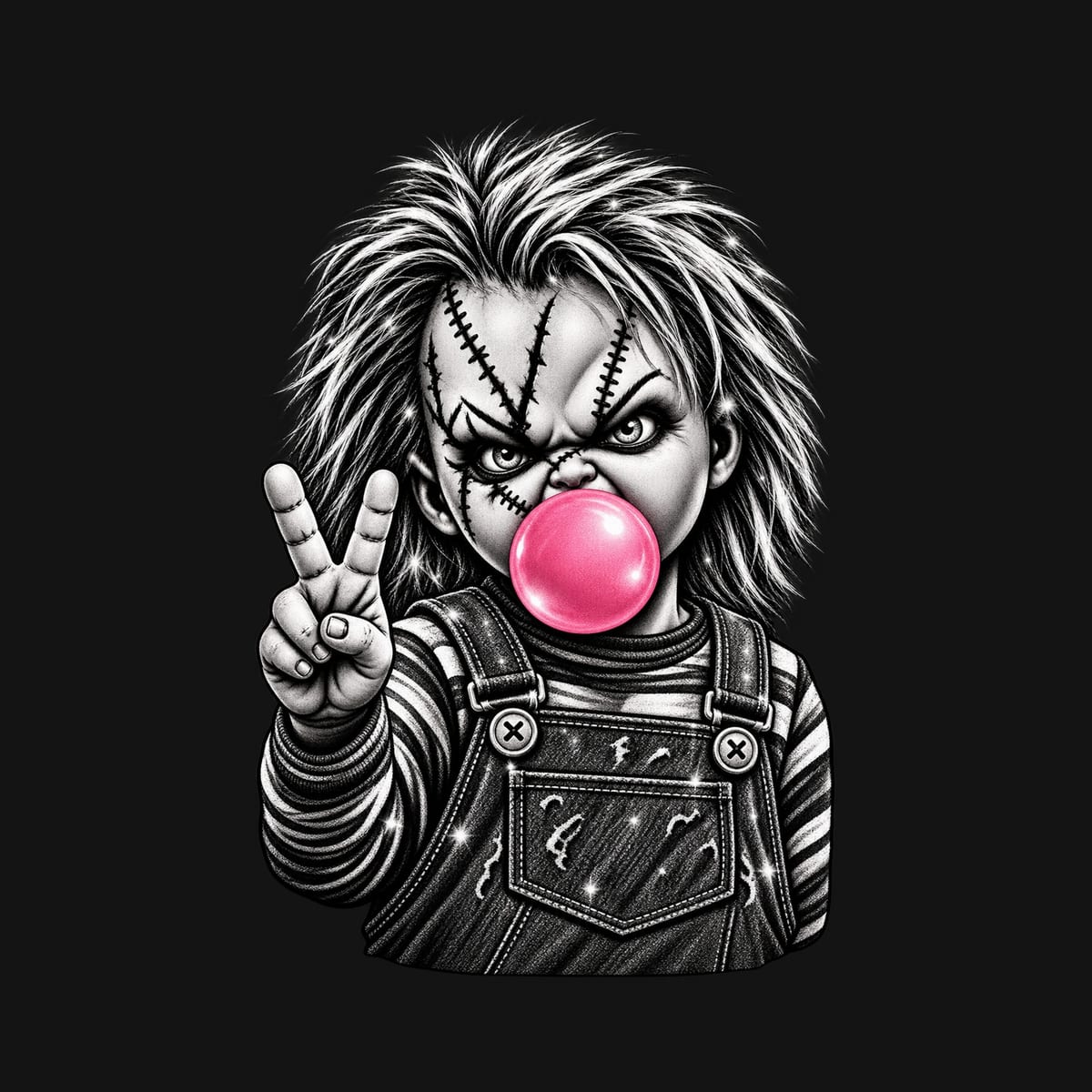 Koszulka damska czarna Chucky lalka z gumą balonową Halloween, zdjęcie 2