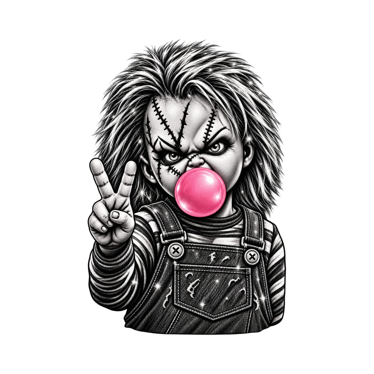 Koszulka damska biała Chucky lalka z gumą balonową Halloween, zdjęcie 2