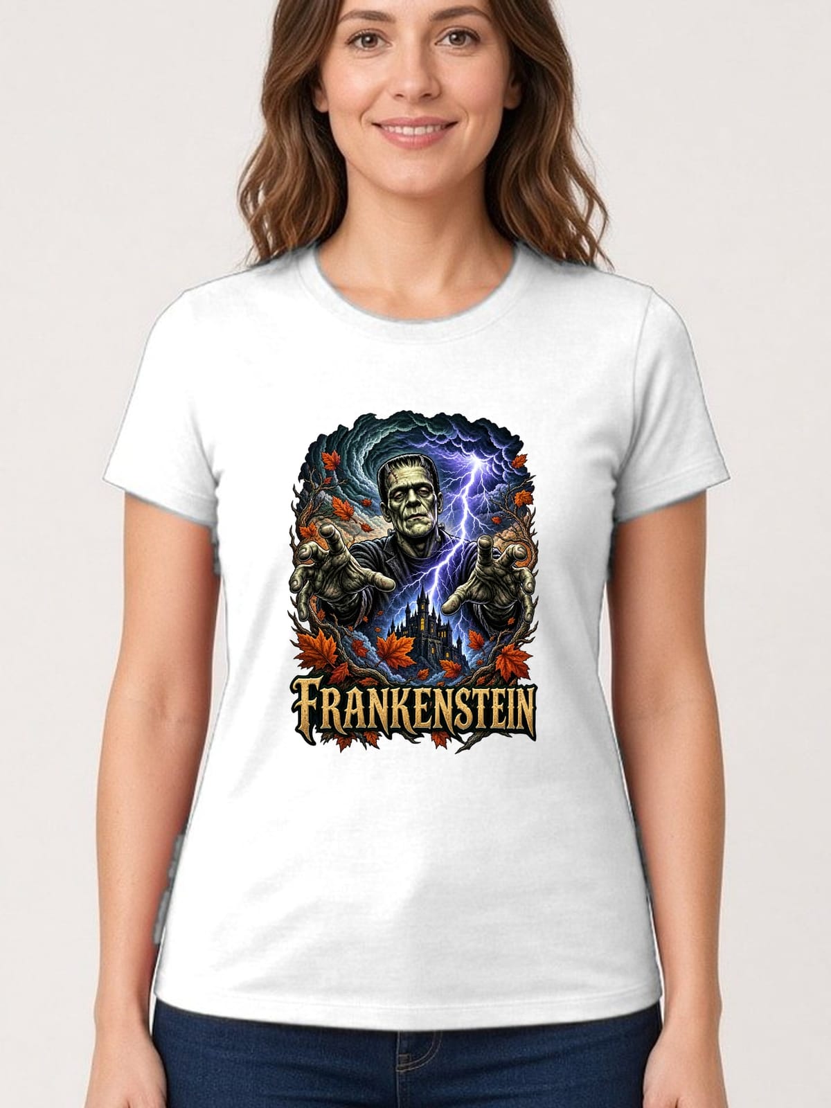 Koszulka damska biała Frankenstein potwór na Halloween prezent, zdjęcie 1
