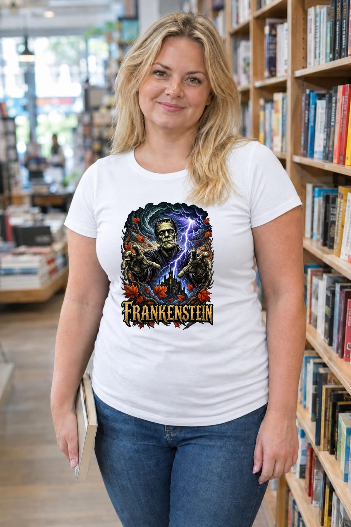 Koszulka damska biała Frankenstein potwór na Halloween prezent, zdjęcie 5