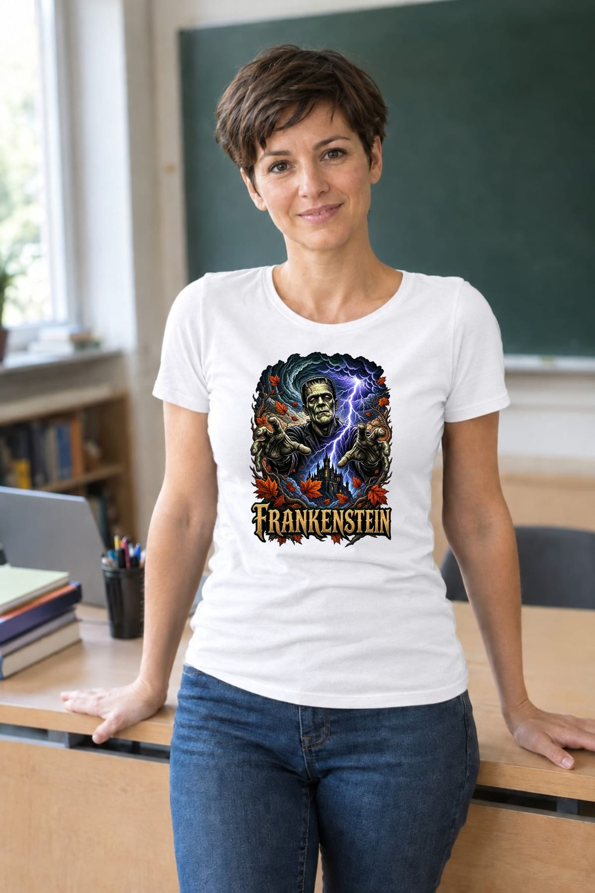 Koszulka damska biała Frankenstein potwór na Halloween prezent, zdjęcie 6