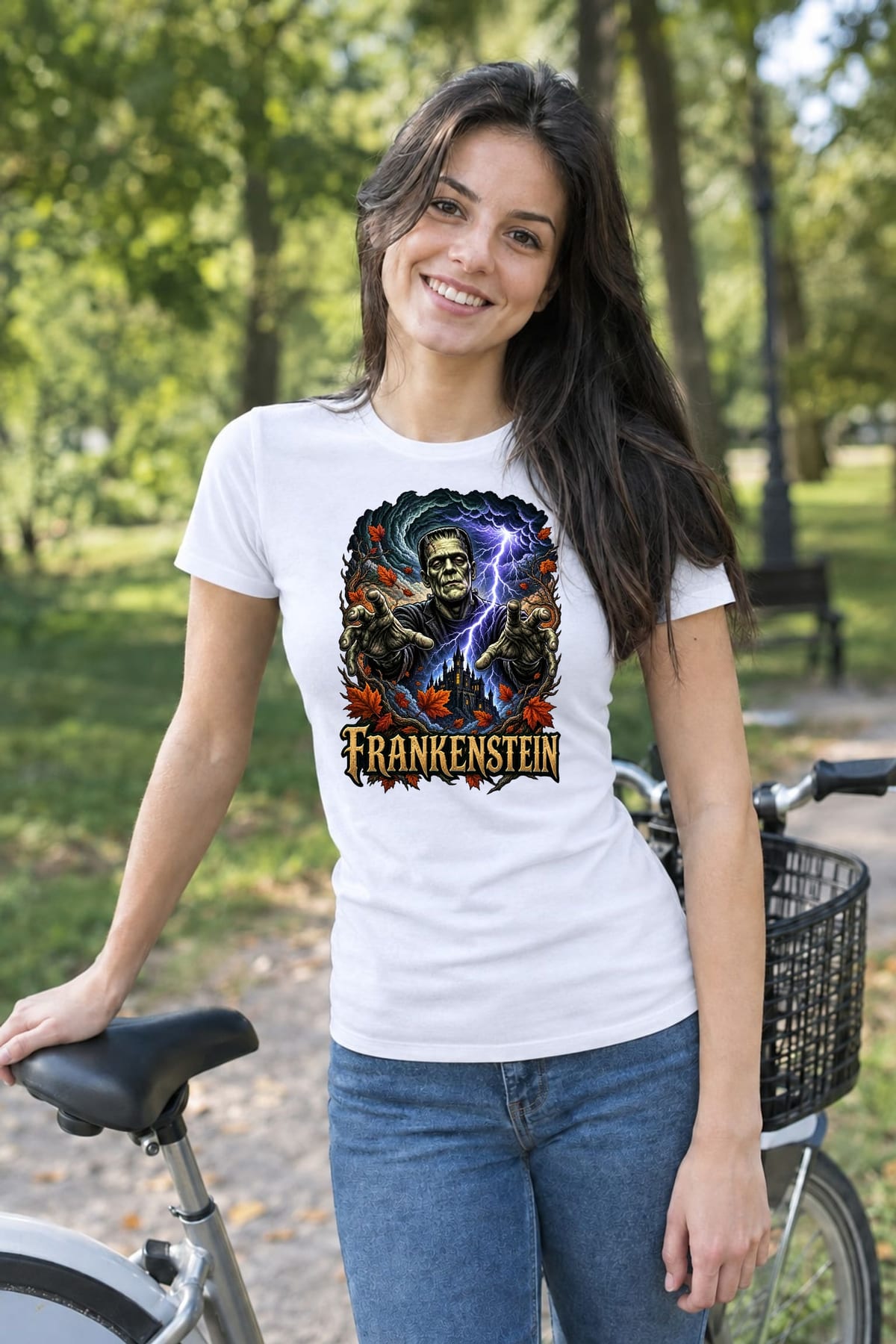 Koszulka damska biała Frankenstein potwór na Halloween prezent, zdjęcie 8