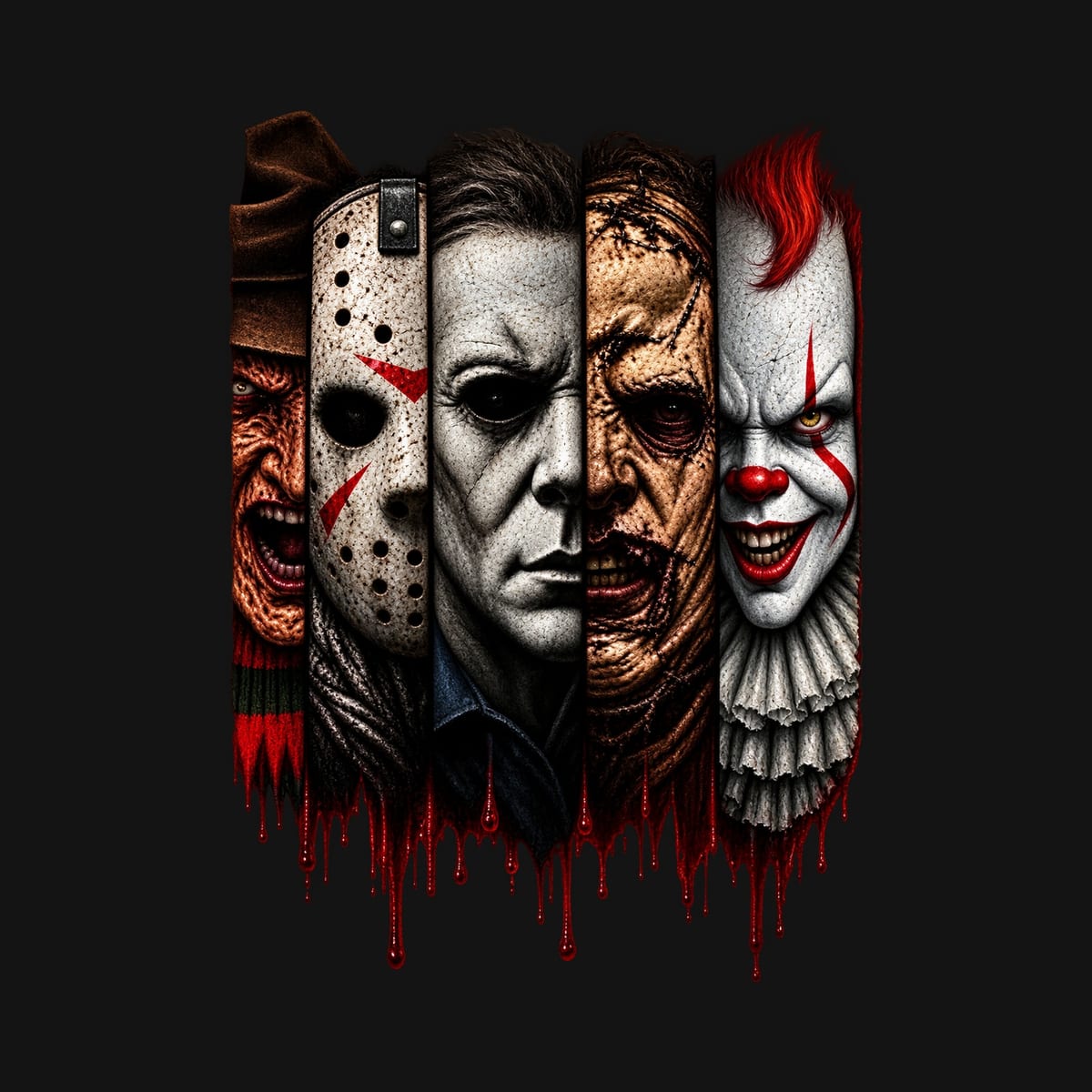 Koszulka damska czarna Halloween ikony horroru kolaż twarzy prezent, zdjęcie 2