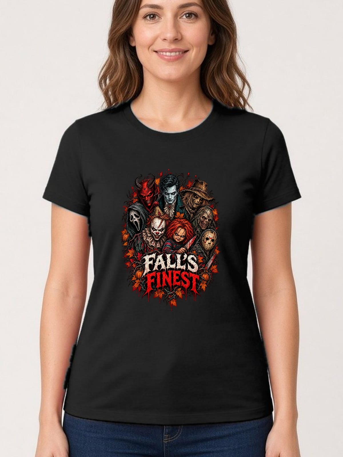 Koszulka damska czarna ikony horroru Pennywise Chucky Jason Halloween, zdjęcie 1