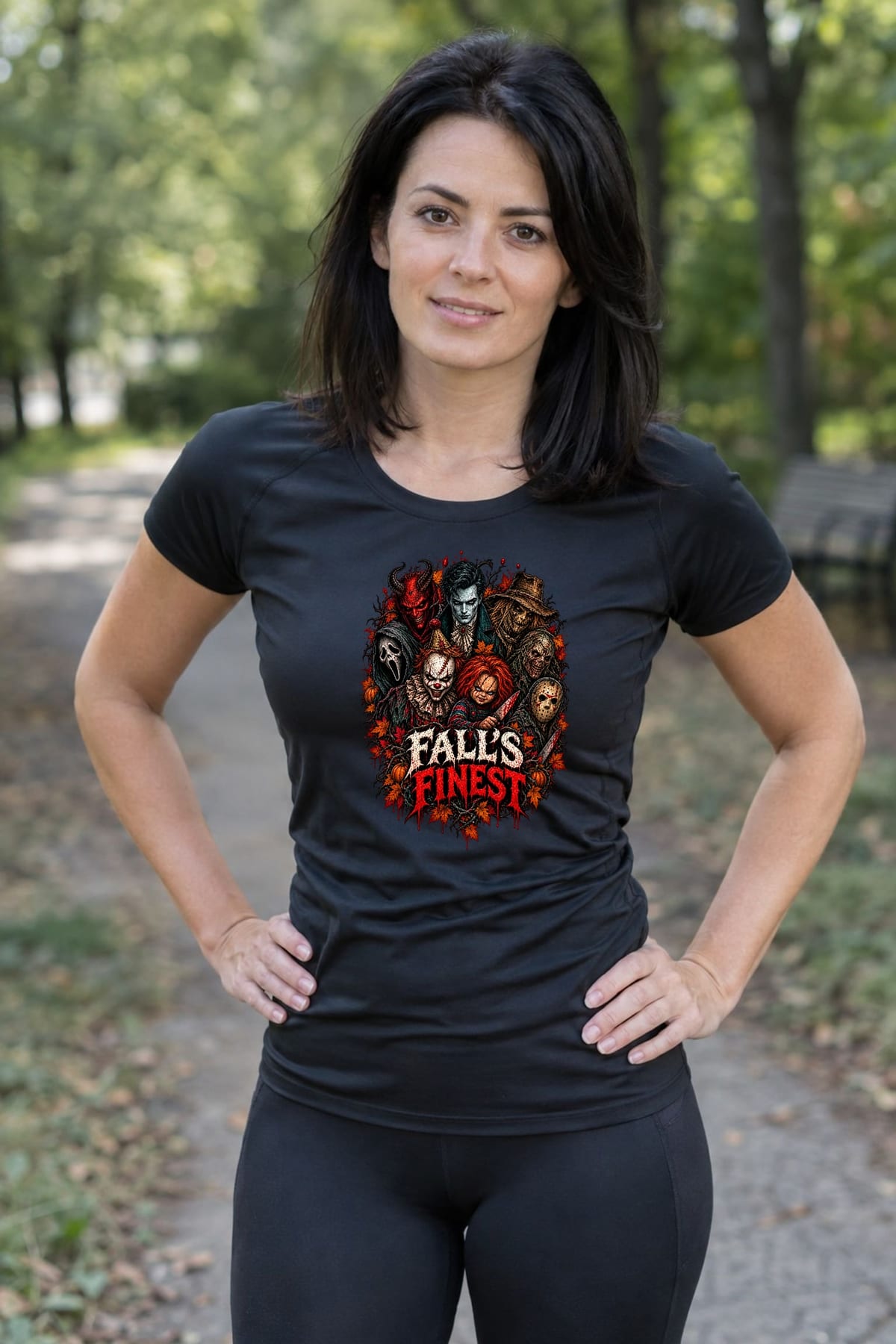 Koszulka damska czarna ikony horroru Pennywise Chucky Jason Halloween, zdjęcie 7