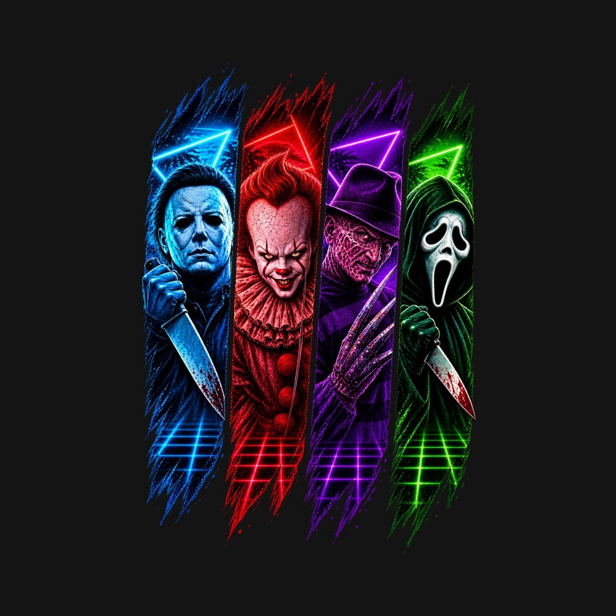 Koszulka damska czarna Halloween ikony horroru neonowe retro prezent, zdjęcie 2
