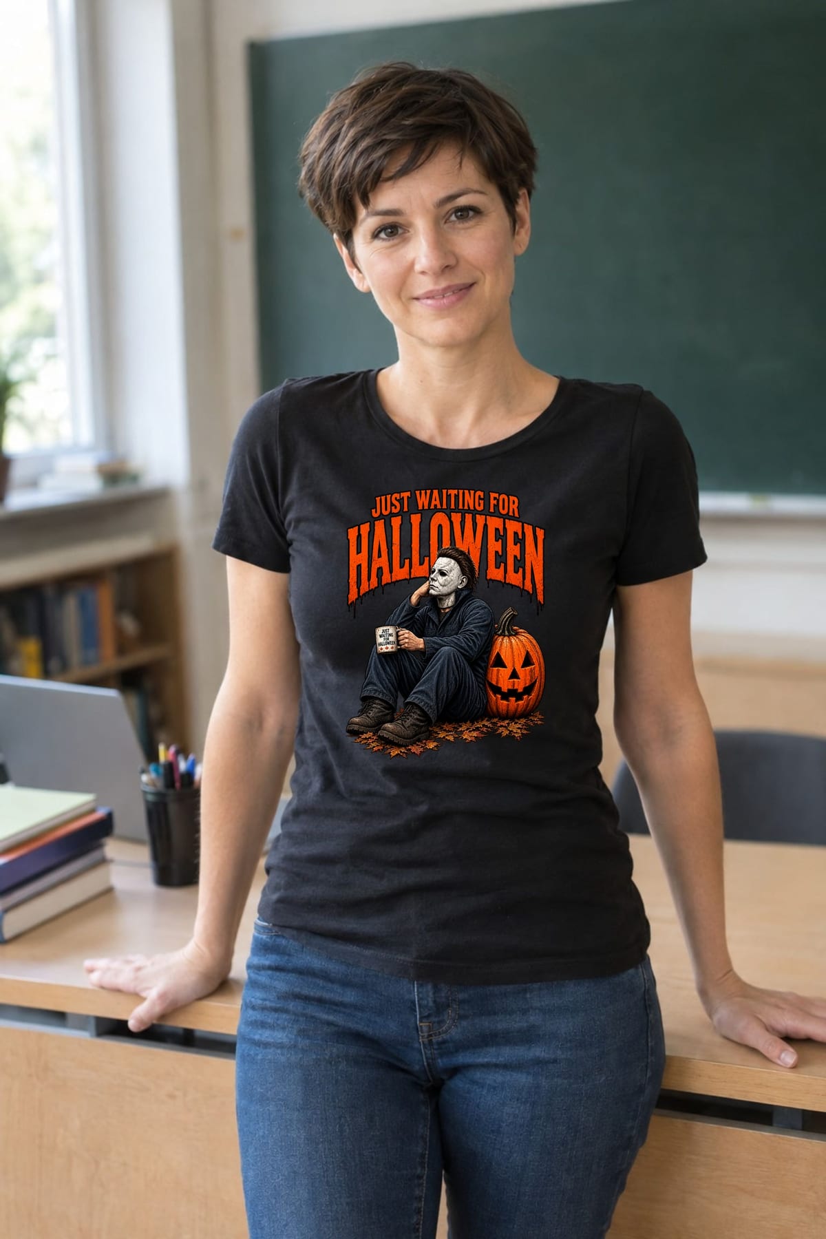 Koszulka damska czarna Halloween z mordercą w masce straszna prezent, zdjęcie 4