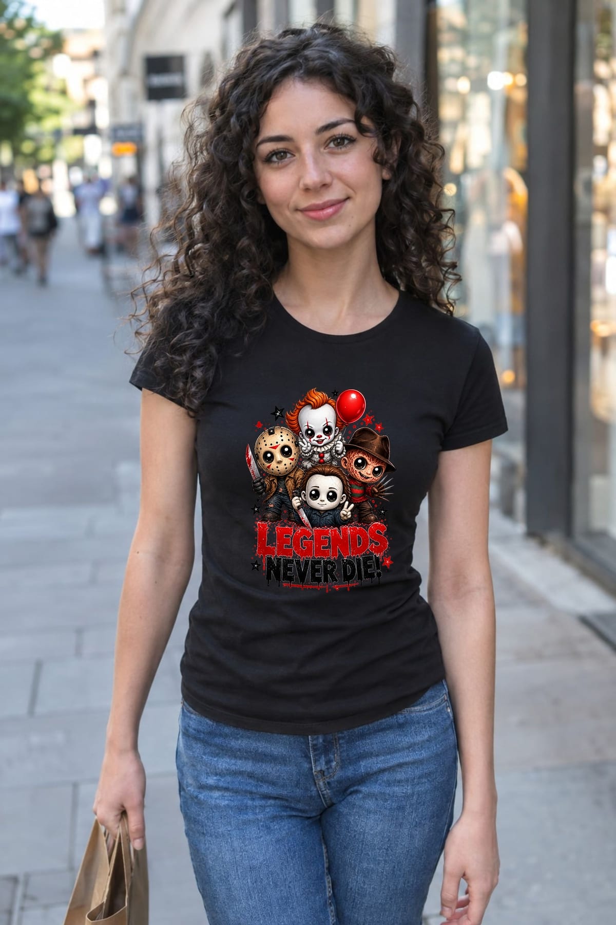 Koszulka damska czarna Halloween chibi ikony horroru śmieszna prezent, zdjęcie 5