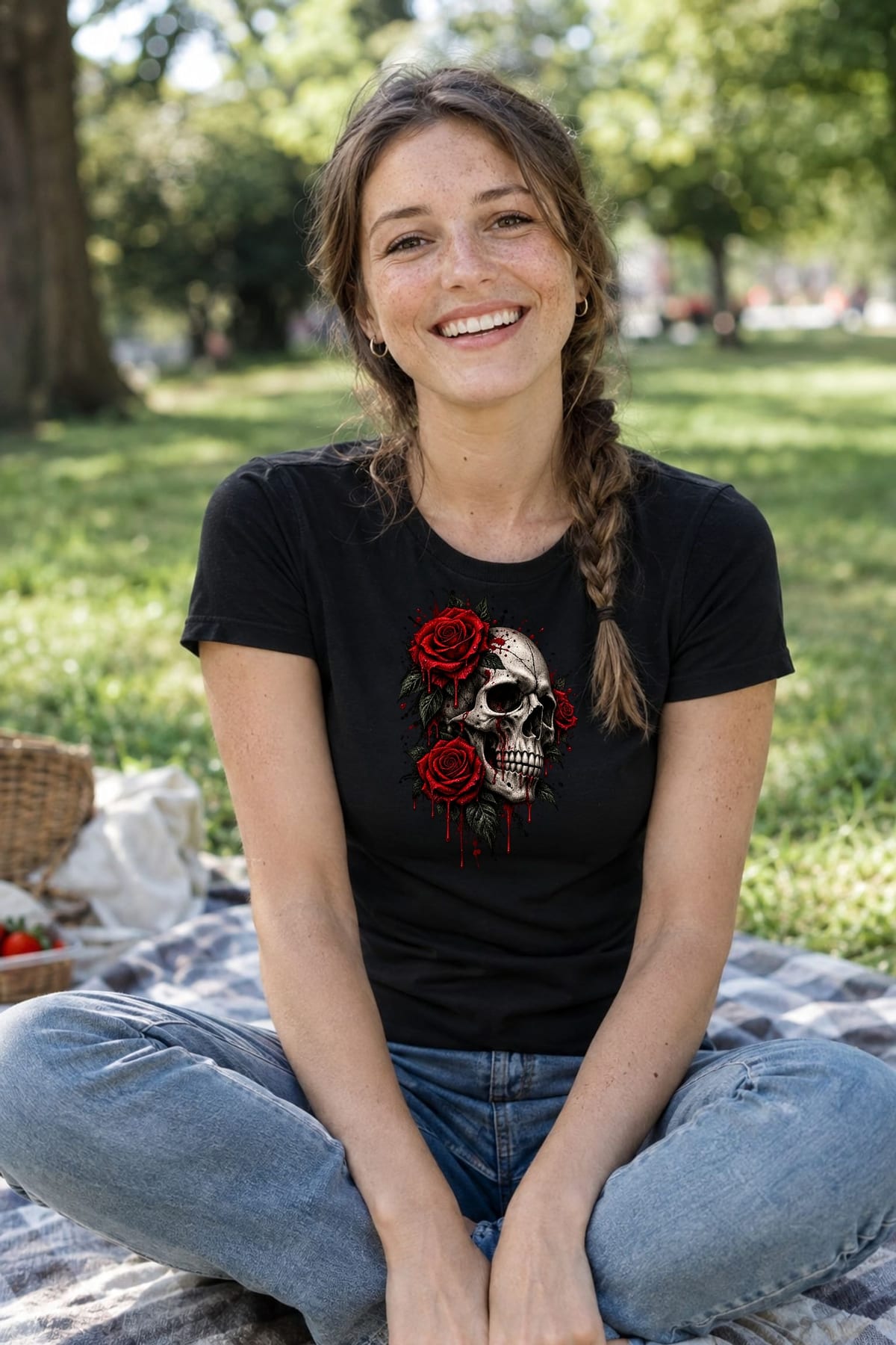 Koszulka damska czarna z czaszką i różami mroczna gotycka prezent, zdjęcie 4