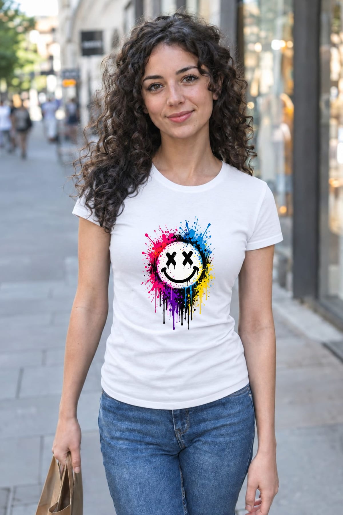 Koszulka damska biała z uśmiechem graffiti street art dla niej prezent, zdjęcie 4