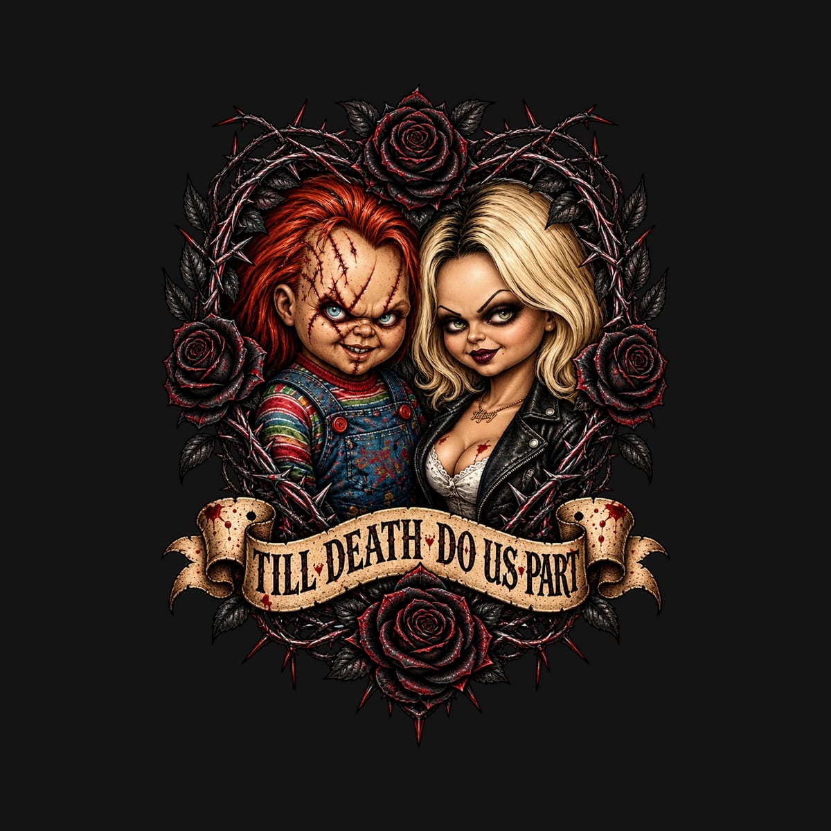 Koszulka damska czarna Halloween Chucky i Tiffany lalki prezent, zdjęcie 2