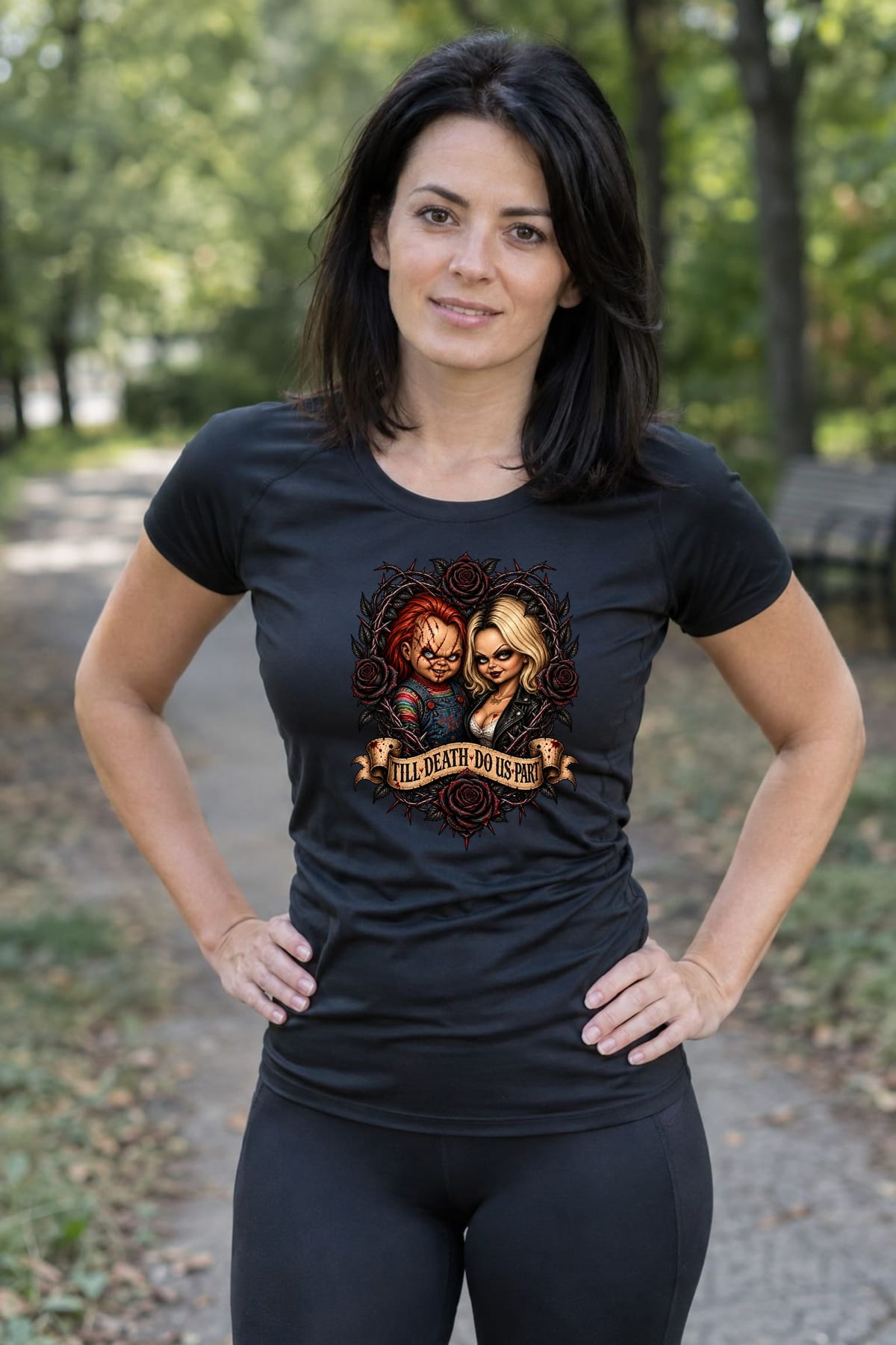 Koszulka damska czarna Halloween Chucky i Tiffany lalki prezent, zdjęcie 4