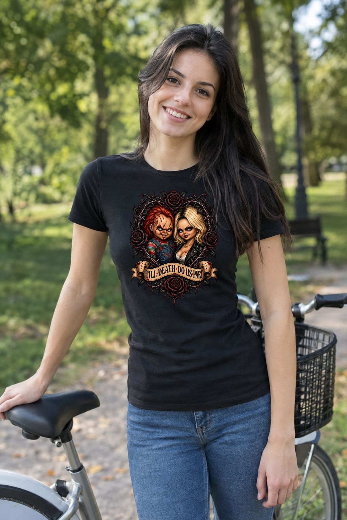 Koszulka damska czarna Halloween Chucky i Tiffany lalki prezent, zdjęcie 5