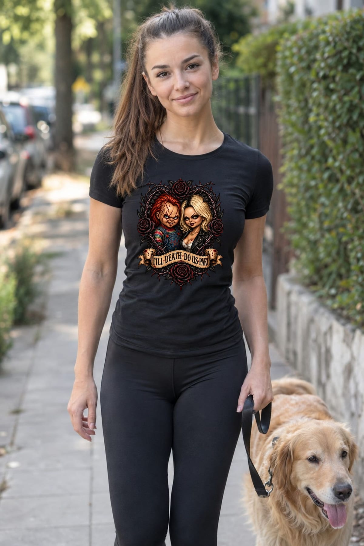 Koszulka damska czarna Halloween Chucky i Tiffany lalki prezent, zdjęcie 6