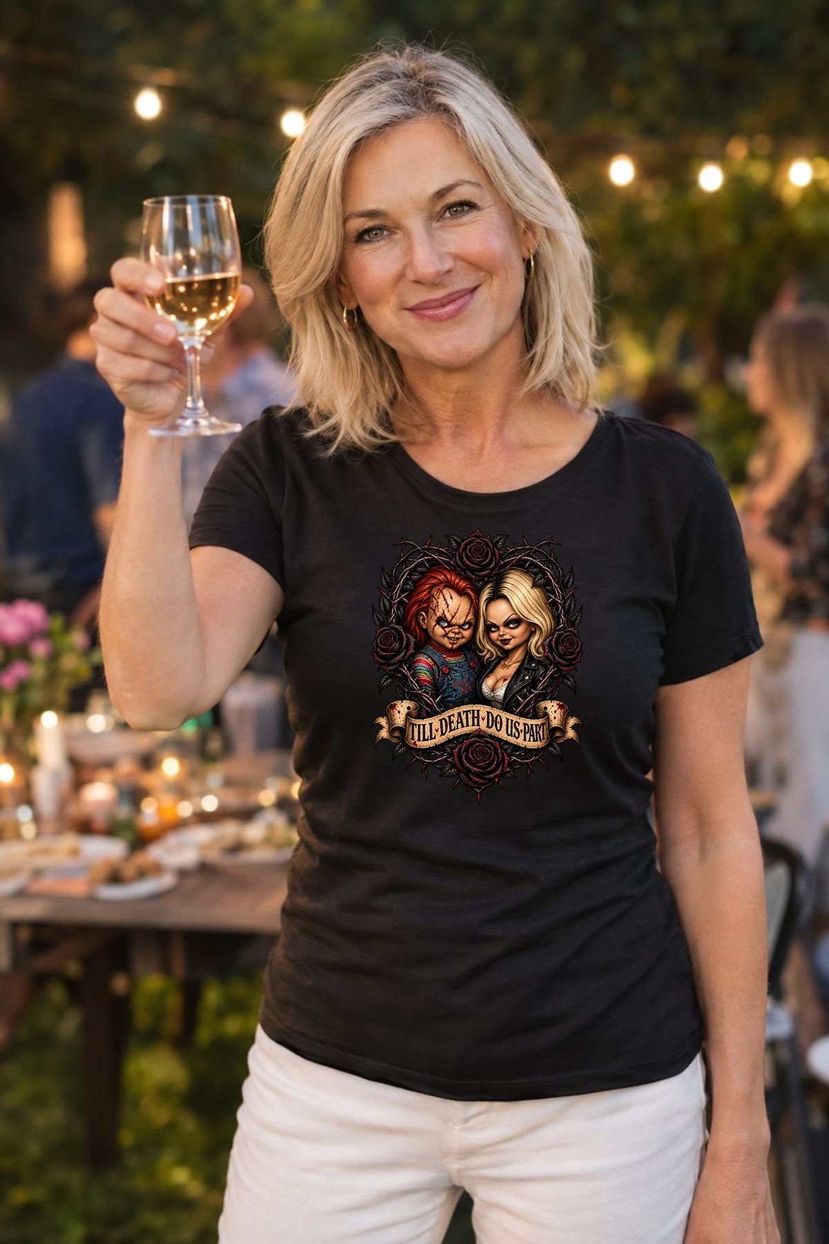 Koszulka damska czarna Halloween Chucky i Tiffany lalki prezent, zdjęcie 7