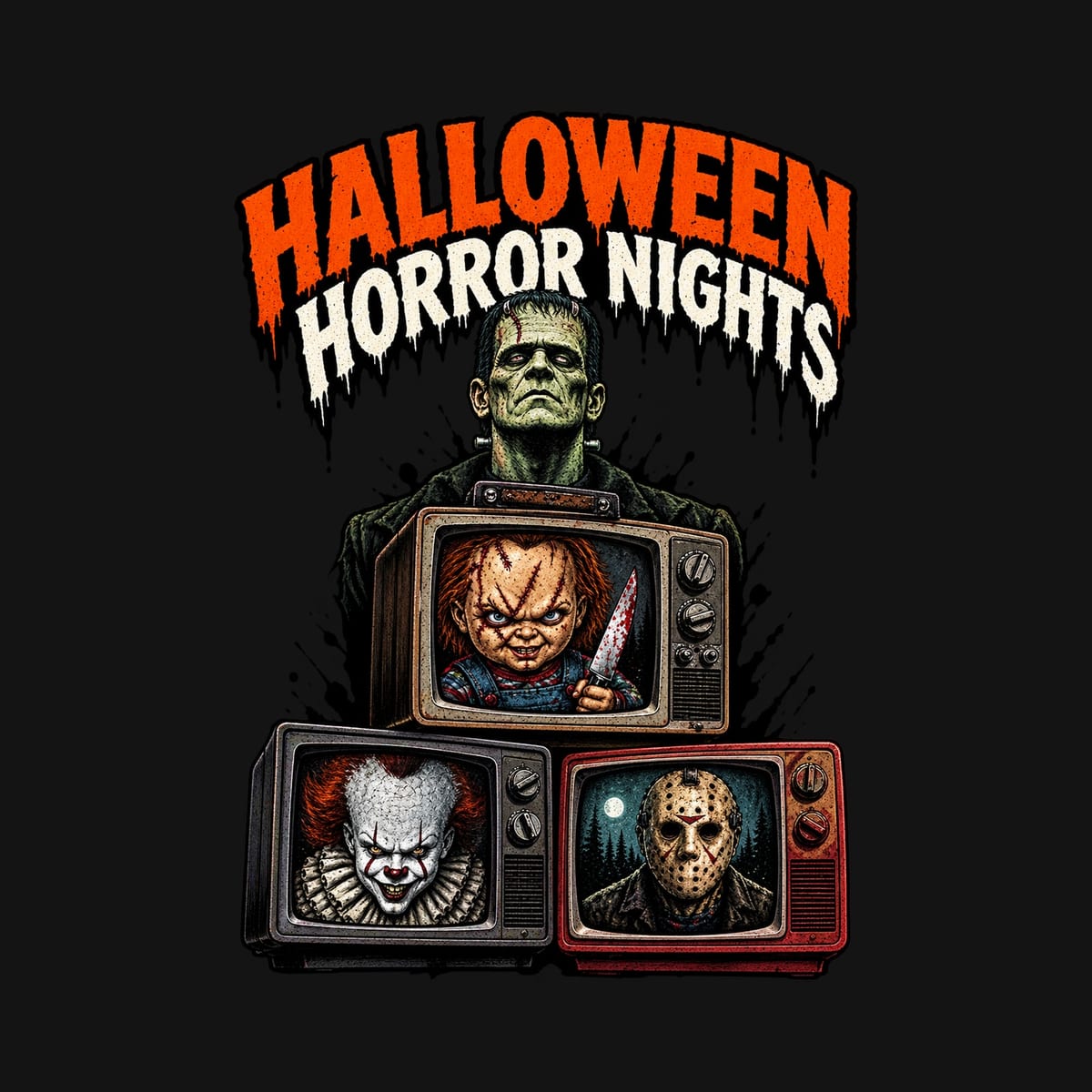 Koszulka damska czarna Halloween Frankenstein telewizory horror prezent, zdjęcie 2