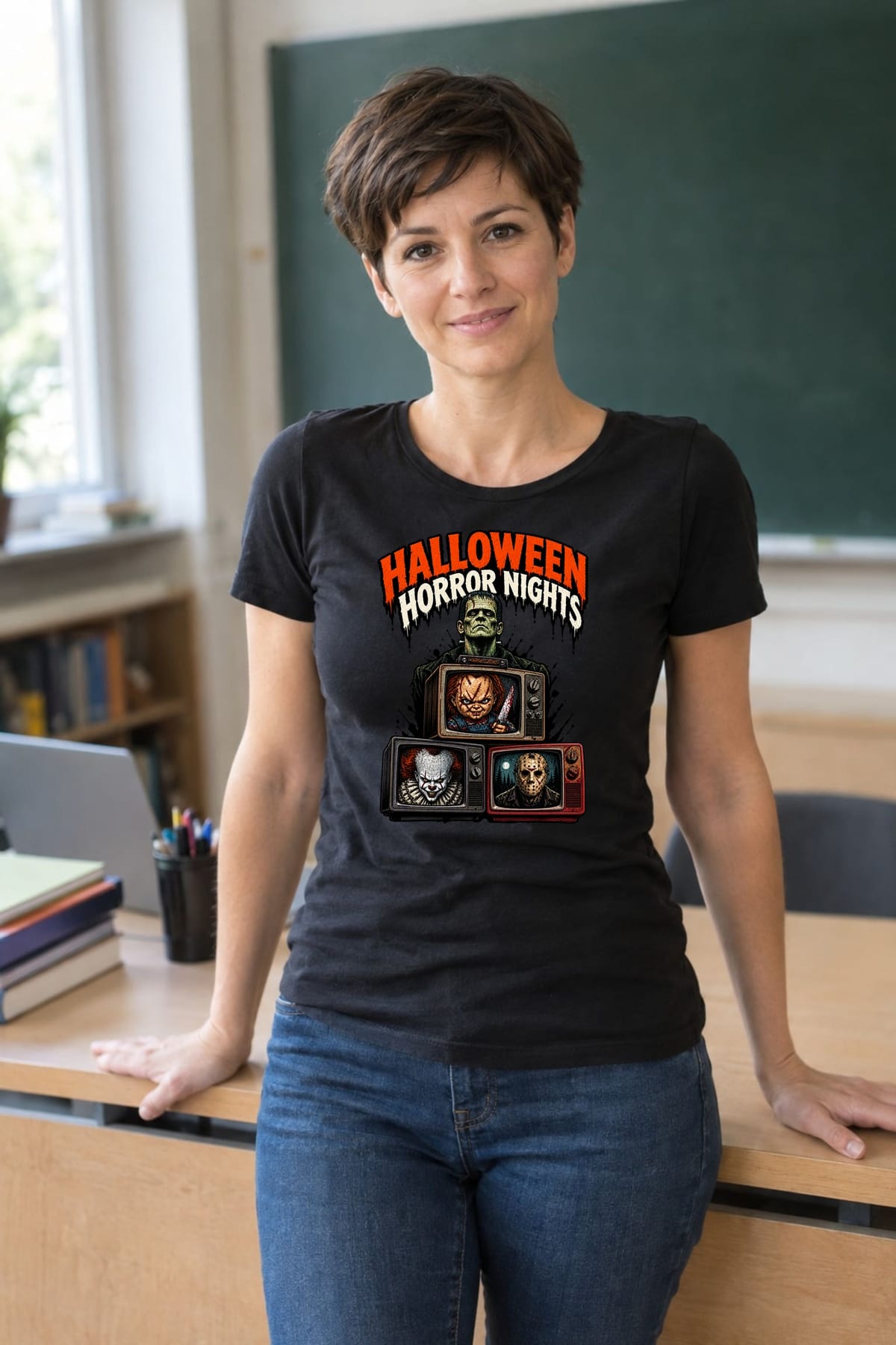 Koszulka damska czarna Halloween Frankenstein telewizory horror prezent, zdjęcie 3