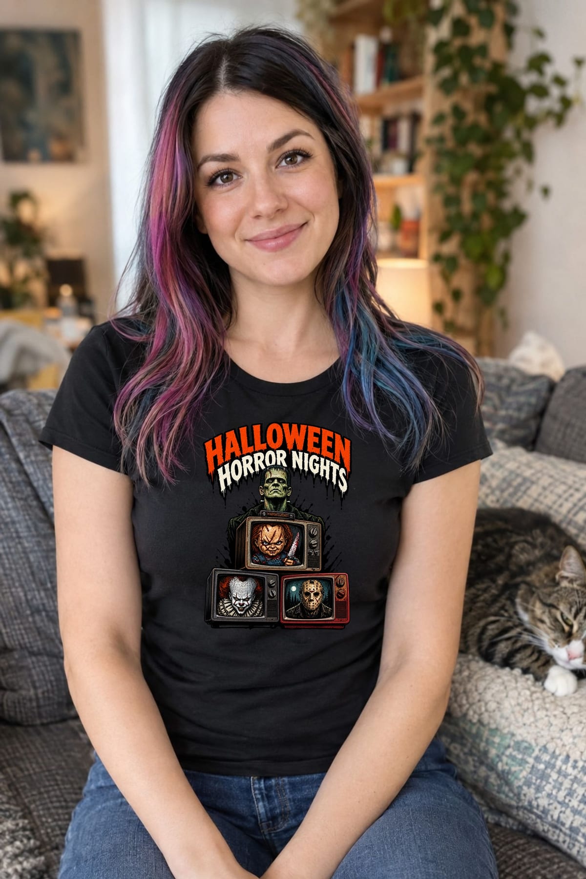 Koszulka damska czarna Halloween Frankenstein telewizory horror prezent, zdjęcie 8