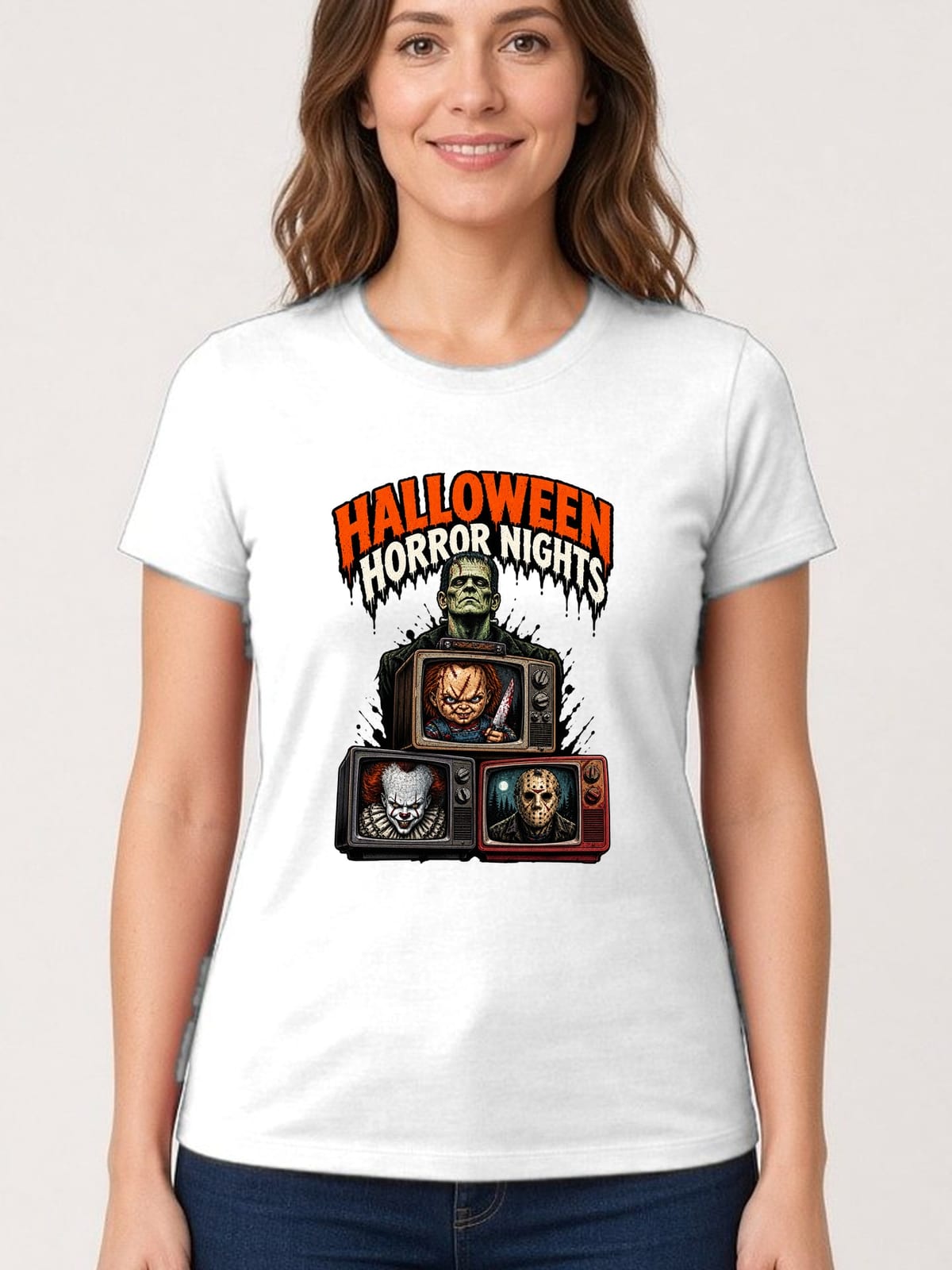 Koszulka damska biała Halloween Frankenstein telewizory horror prezent, zdjęcie 1